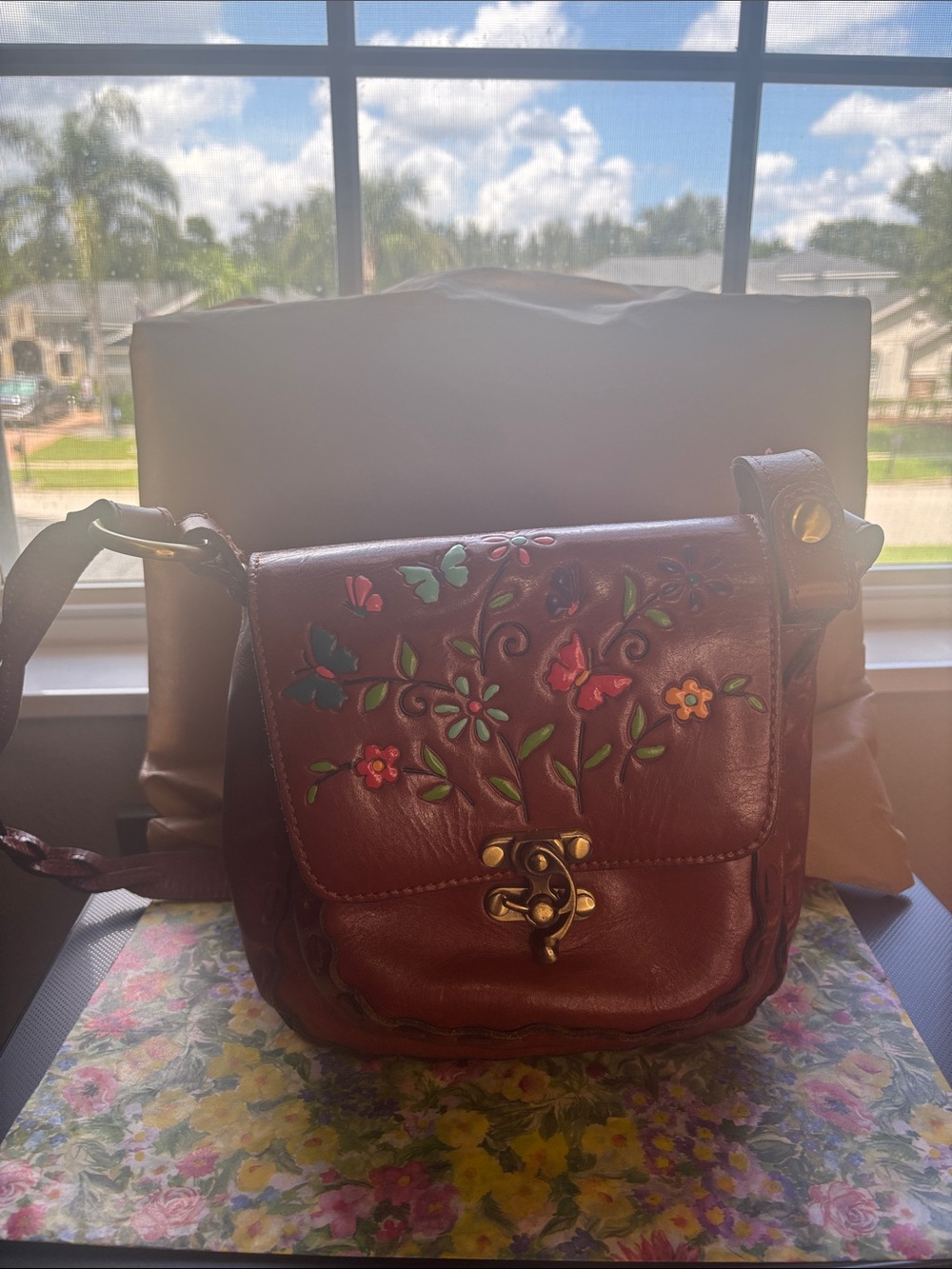 Patricia Nash Burgundy Leather Floral Tooled Crossbody